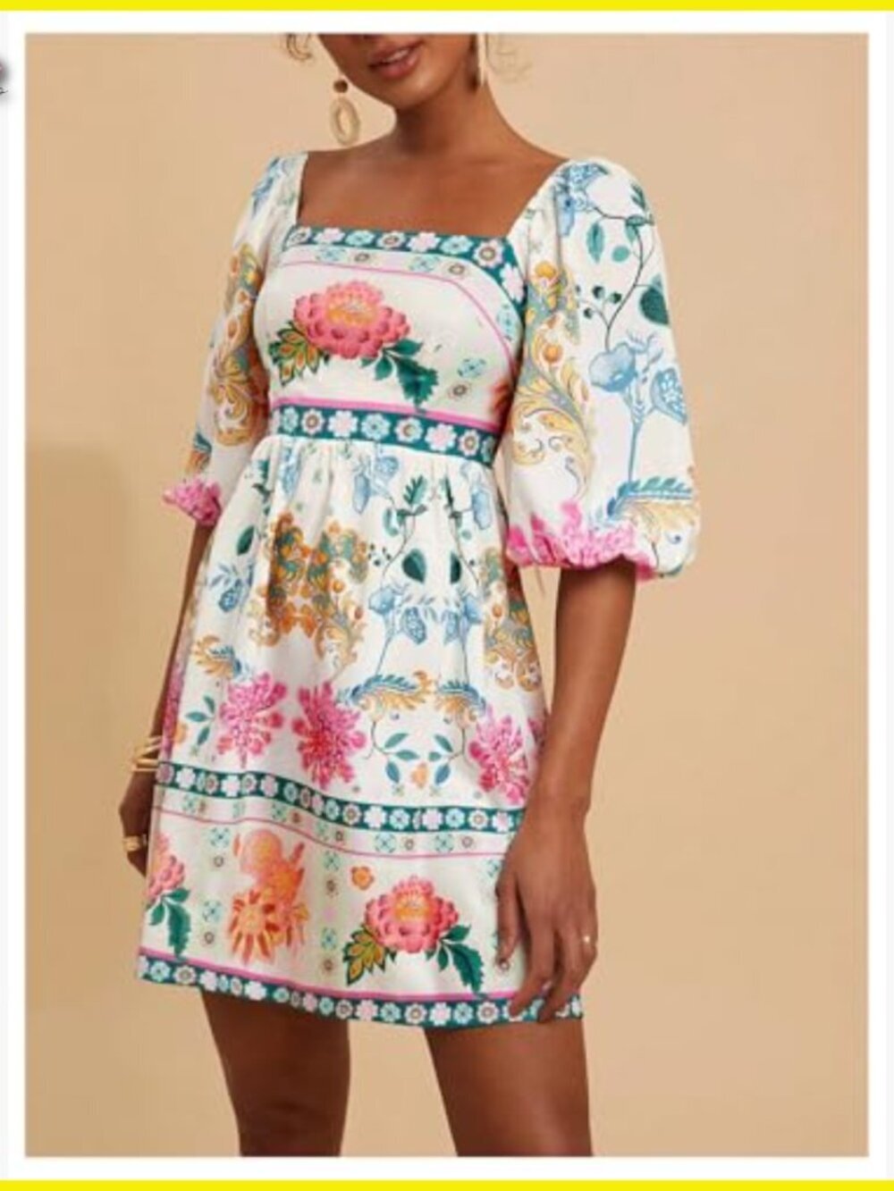 Floral Puff Sleeve A-Line Dress Square Neck Tie Back Boho Casual Chic - Picture 2 of 5